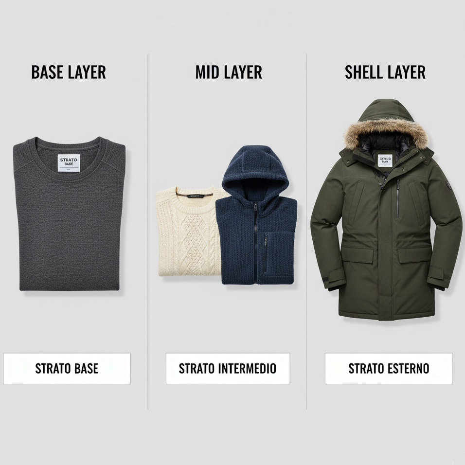 Infografica del sistema a 3 strati per abbigliamento invernale uomo: strato base, strato intermedio e strato esterno.