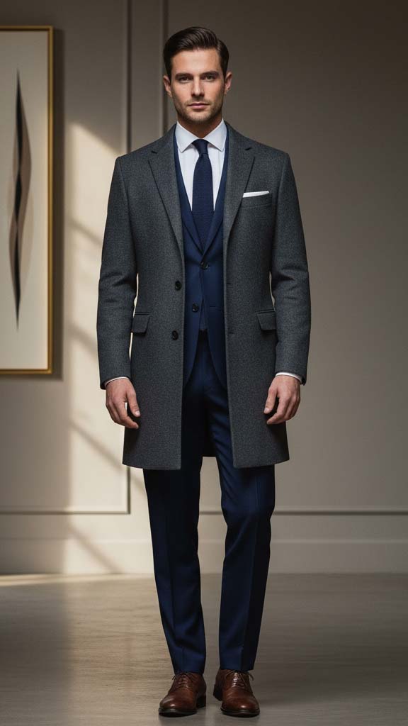 Uomo elegante con abito blu navy e cappotto in lana grigio, un outfit formale e caldo perfetto per un battesimo o una cerimonia invernale.