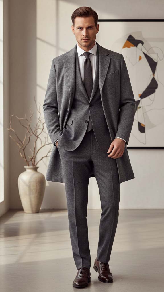 Uomo con un look invernale stiloso indossa un abito completo in flanella grigio antracite con cappotto coordinato in un ambiente moderno.