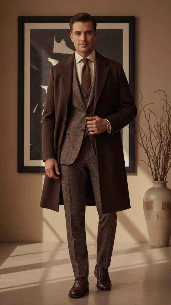 Uomo elegante indossa un abito invernale in tweed marrone scuro a tre pezzi con cappotto di lana, un look dai toni caldi e sofisticati.