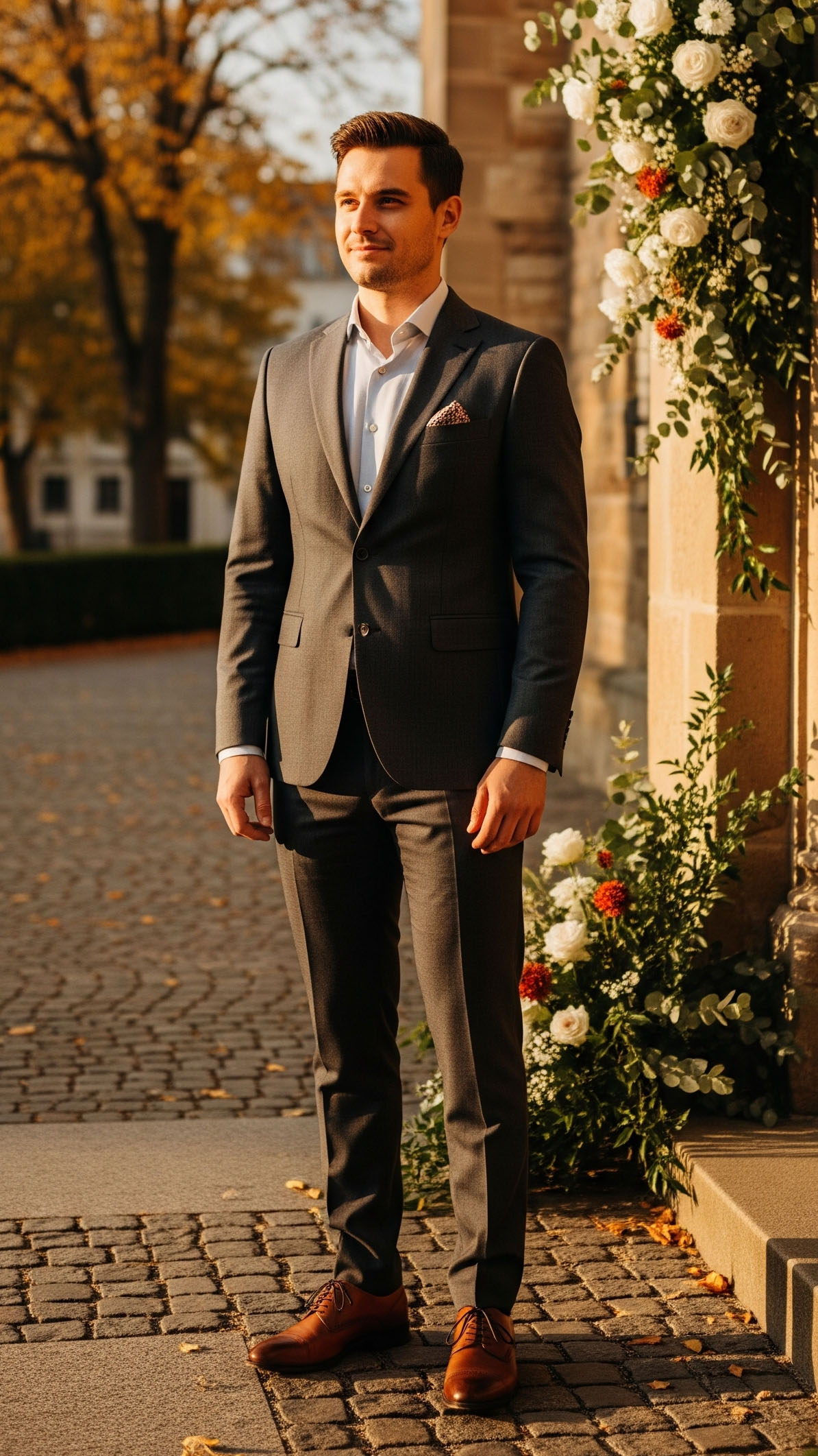Uomo elegante con abito da cerimonia grigio scuro in posa davanti a una chiesa per un battesimo in autunno, con luce calda e decorazioni floreali.