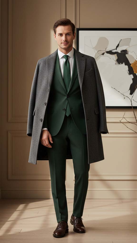 Uomo elegante indossa un abito sartoriale in lana verde foresta con cappotto grigio, un look sofisticato per una cerimonia invernale.