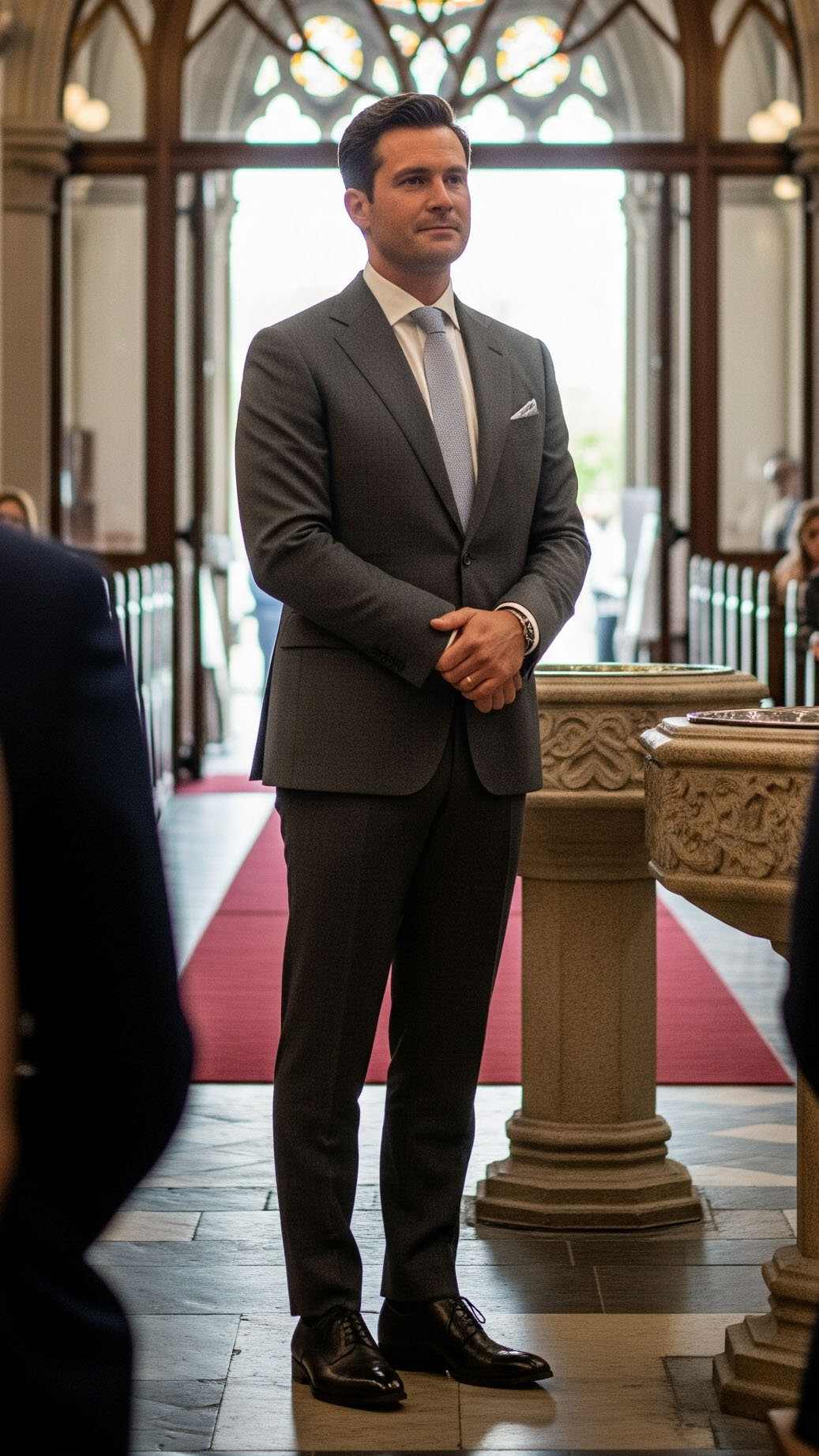 uomo elegante con abito grigio in chiesa durante un battesimo in autunno, look sobrio e raffinato