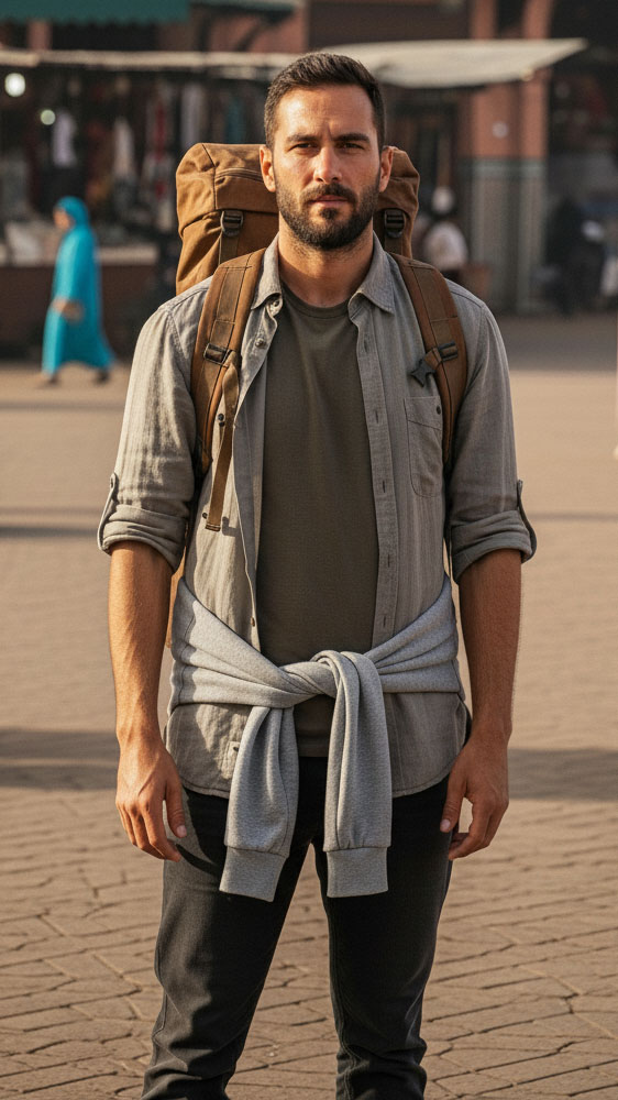 Uomo in Marocco con look a strati: t-shirt, camicia leggera e felpa legata in vita, esempio pratico di vestirsi a cipolla per affrontare gli sbalzi di temperatura.