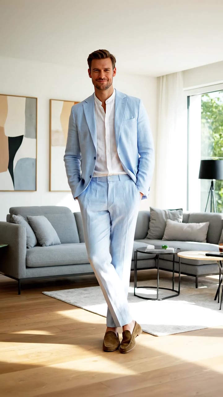 Completo in lino azzurro pastello con camicia bianca a collo coreana, ideale per un battesimo estivo all'aperto.