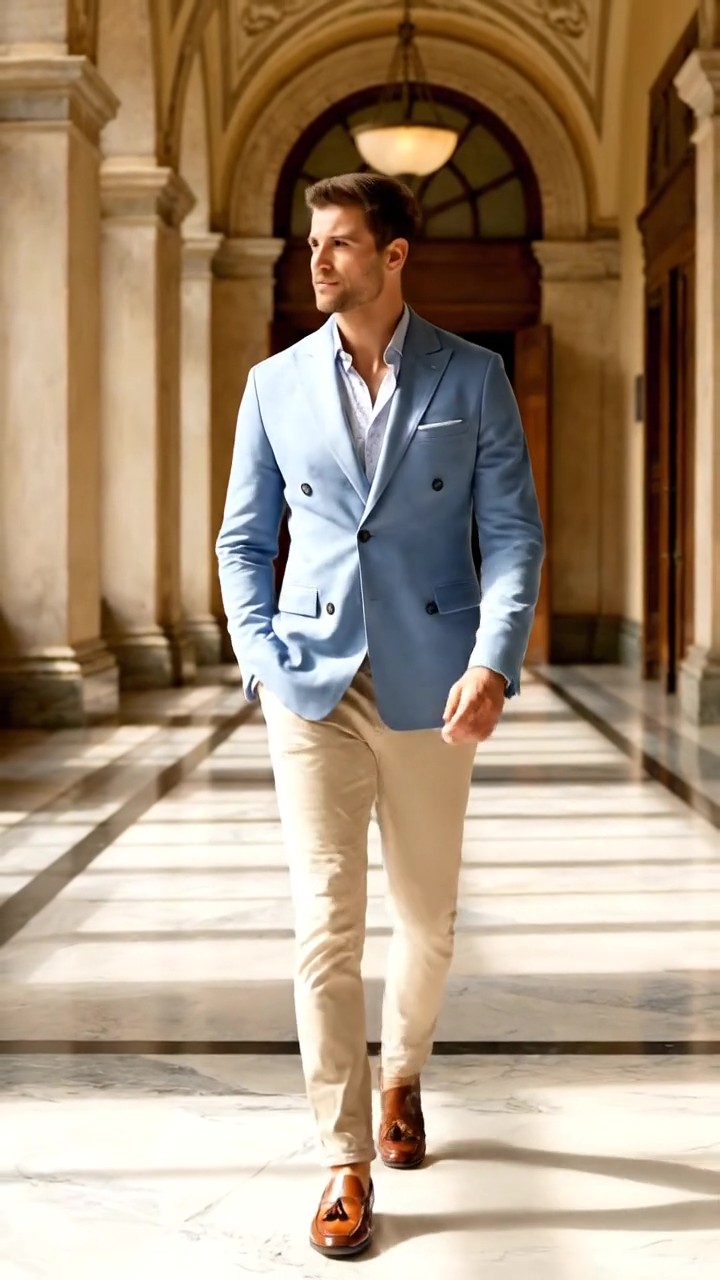 Outfit spezzato per laurea uomo con blazer doppiopetto blu avio e pantaloni chino beige per un tocco creativo e ricercato.