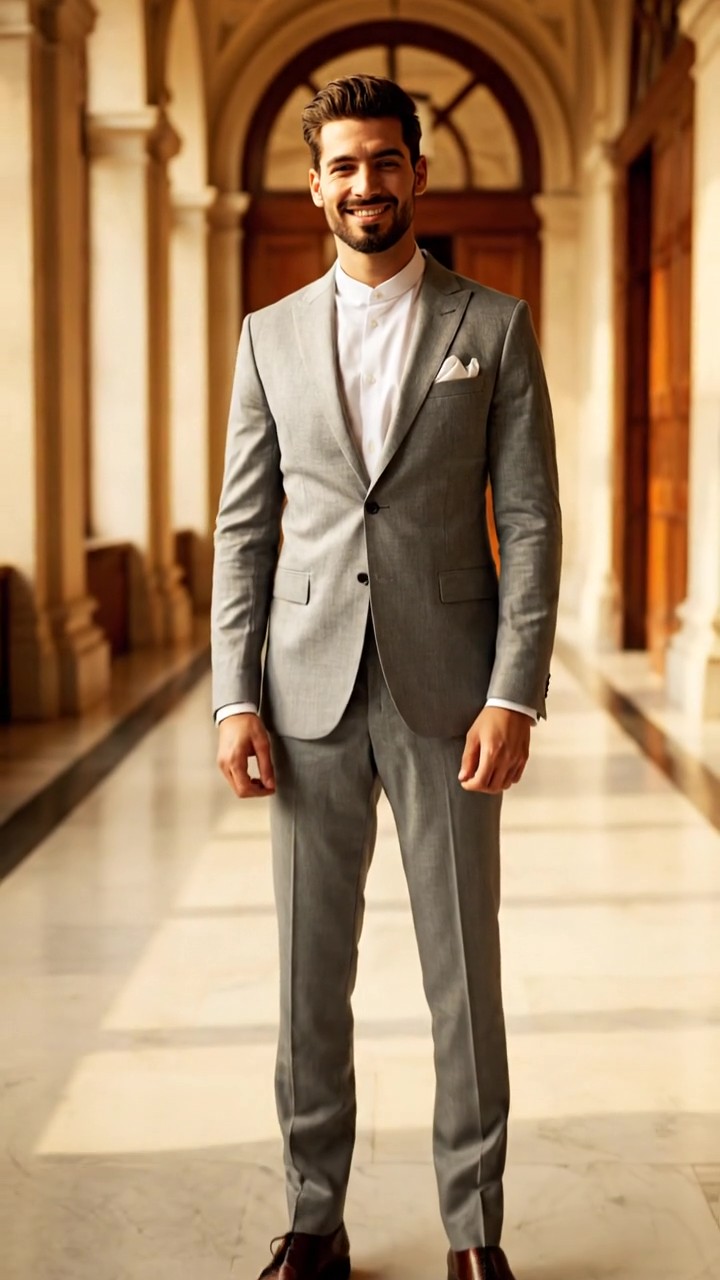 Abito grigio perla da laurea uomo indossato senza cravatta con camicia a colletto coreana per un'eleganza minimal e luminosa.