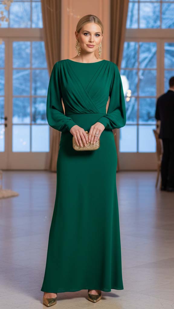 Look da invitata per matrimonio a dicembre con abito lungo verde smeraldo, clutch dorata e orecchini pendenti