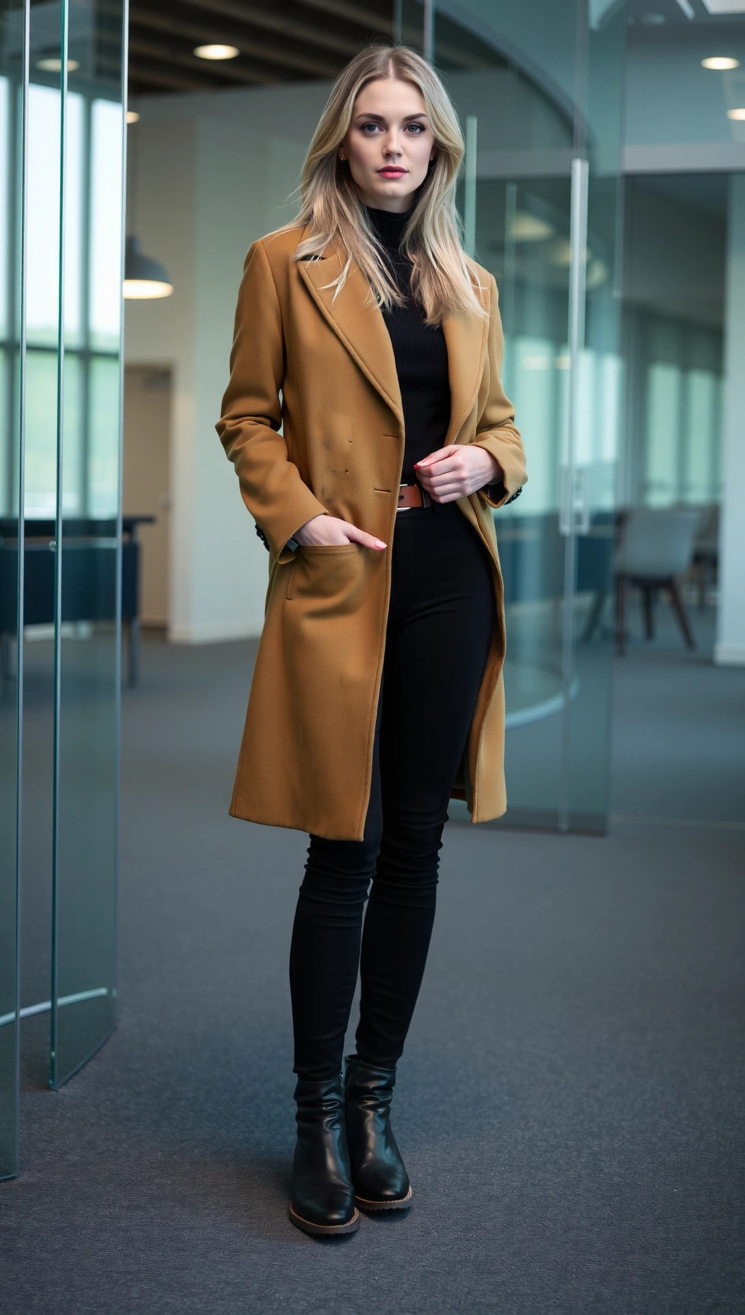 Come Vestirsi a Gennaio Donna: Guida Look Caldi e Chic 2025 12 Donna con cappotto cammello e dolcevita nero, look elegante e sofisticato per l’inverno.