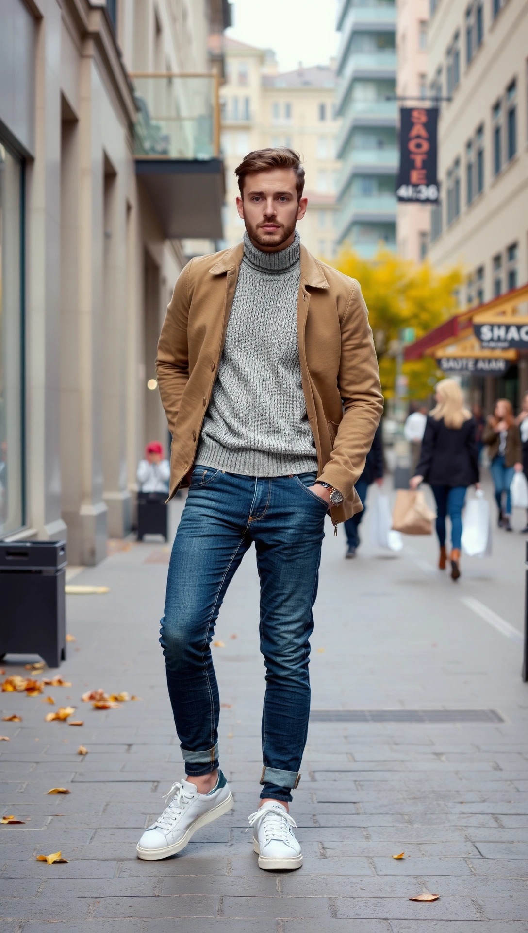 Outfit uomo per 13 gradi: jeans slim, sneakers bianche, maglione grigio e giacca color cammello per un look casual urbano a strati