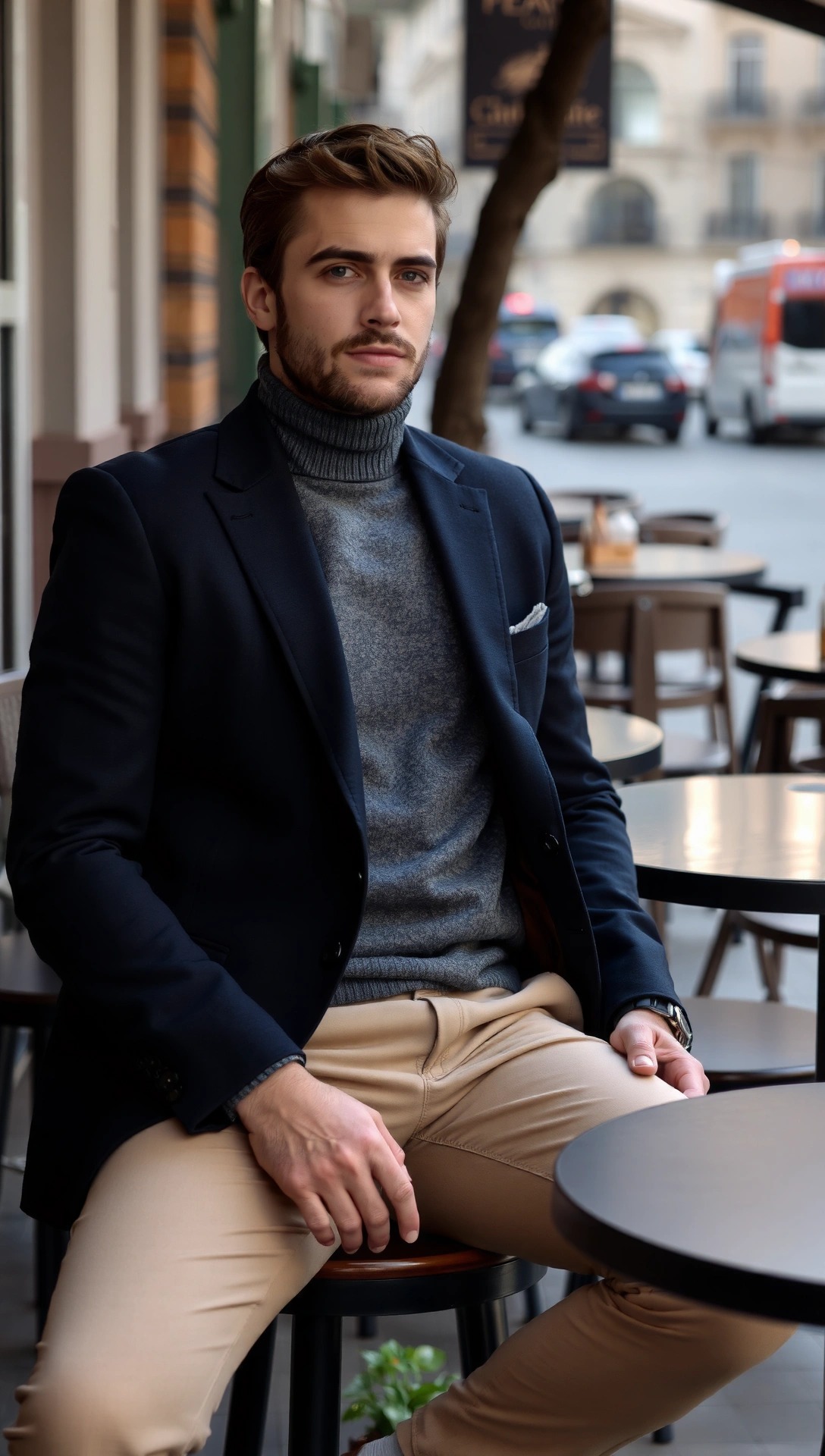 Look uomo elegante per 13 gradi: chino beige, pullover in lana grigio, blazer blu navy e dettagli raffinati per uno stile smart casual