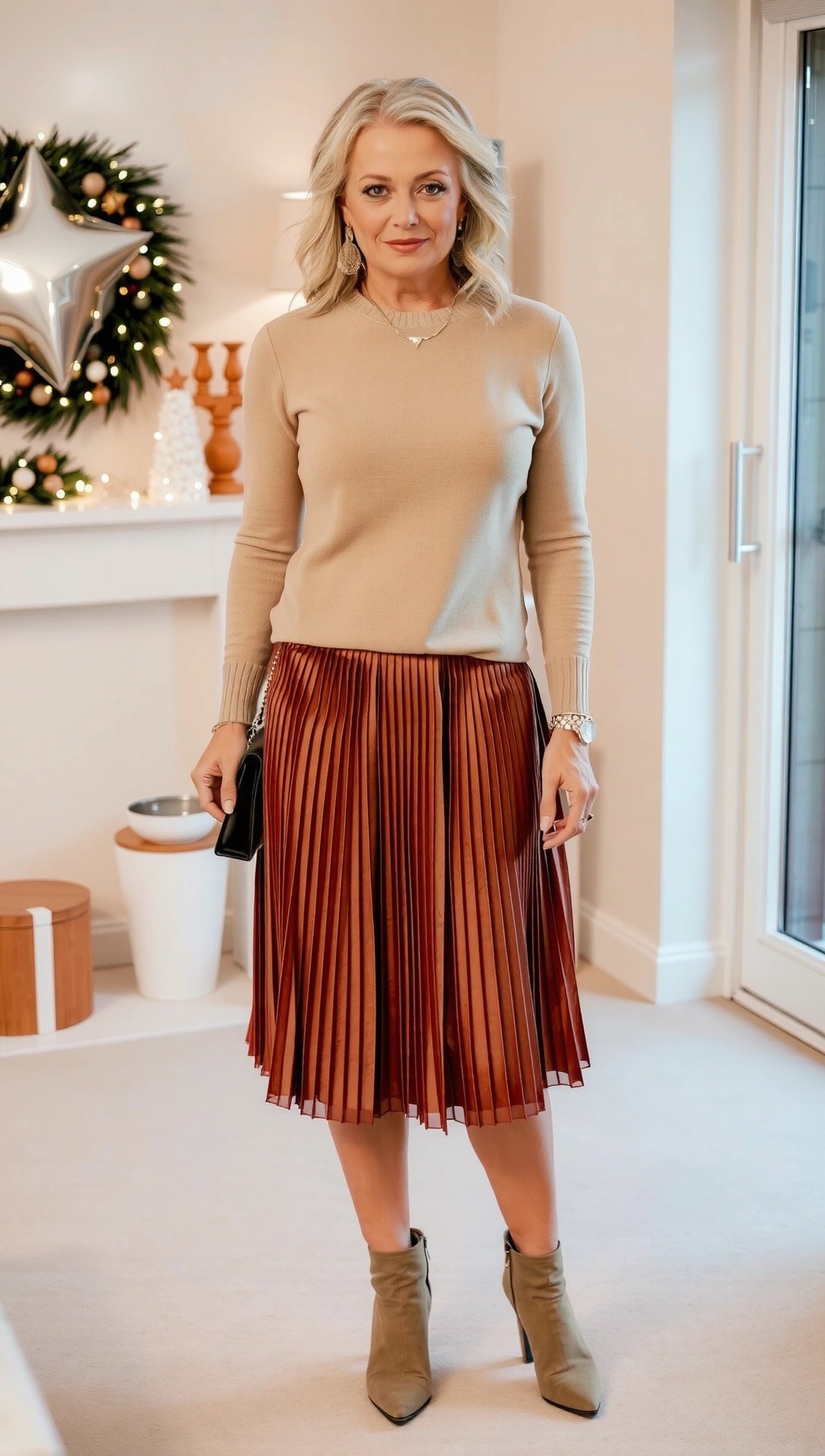 Donna di 60 anni con maglione in cashmere beige e gonna plissettata color bronzo, esempio elegante di come vestirsi a Capodanno a 60 anni con stile e raffinatezza