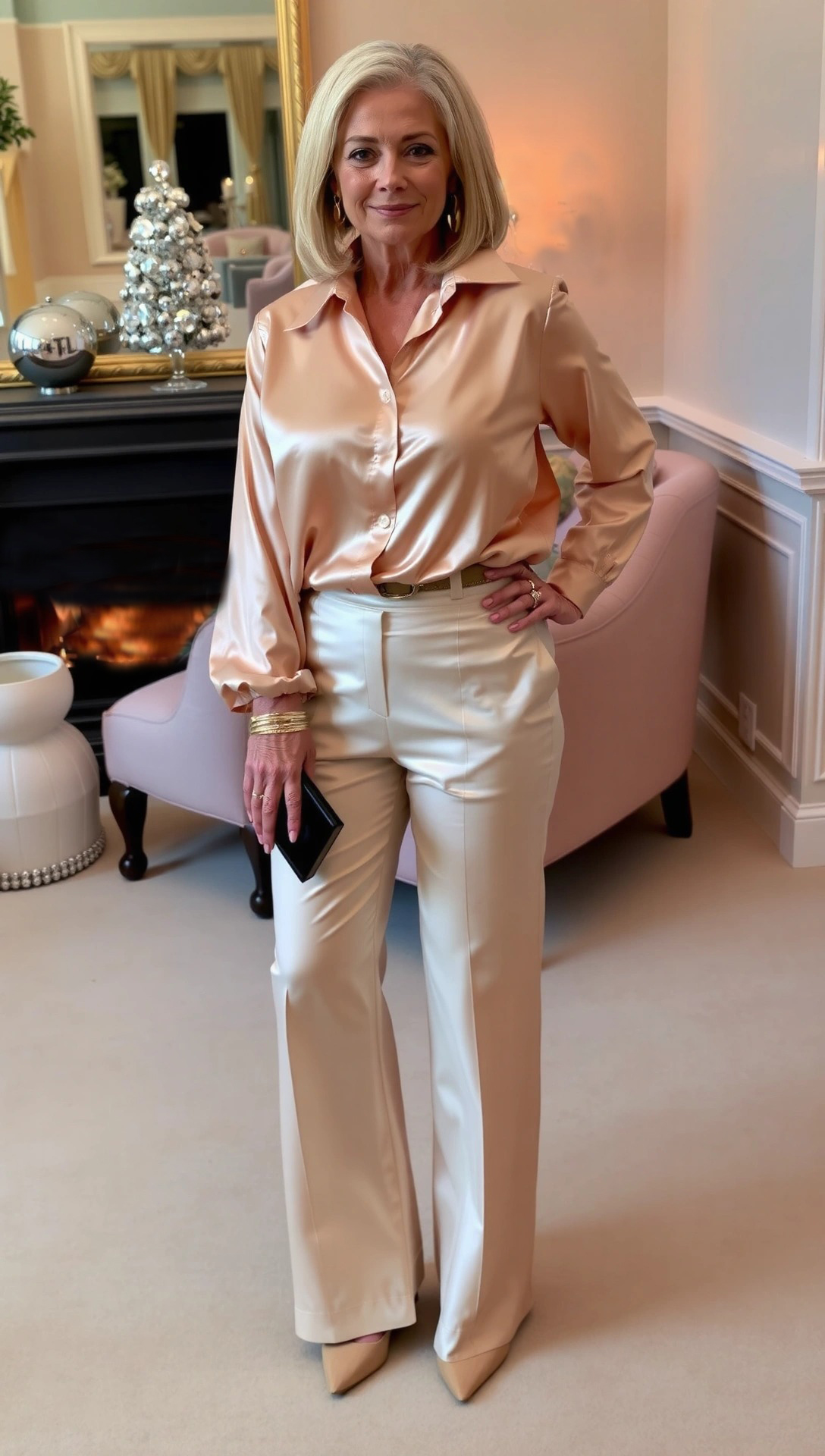 Donna di 60 anni con pantaloni palazzo color crema e blusa di seta champagne, esempio elegante di come vestirsi a Capodanno a 60 anni con stile e raffinatezza