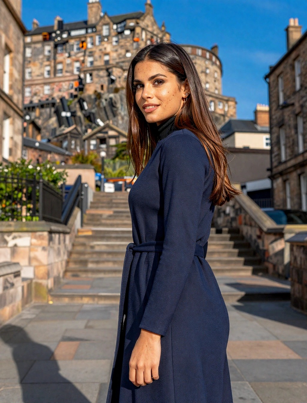 Donna con cappotto blu a vestaglia vicino al Castello di Edimburgo, outfit elegante per clima fresco scozzese