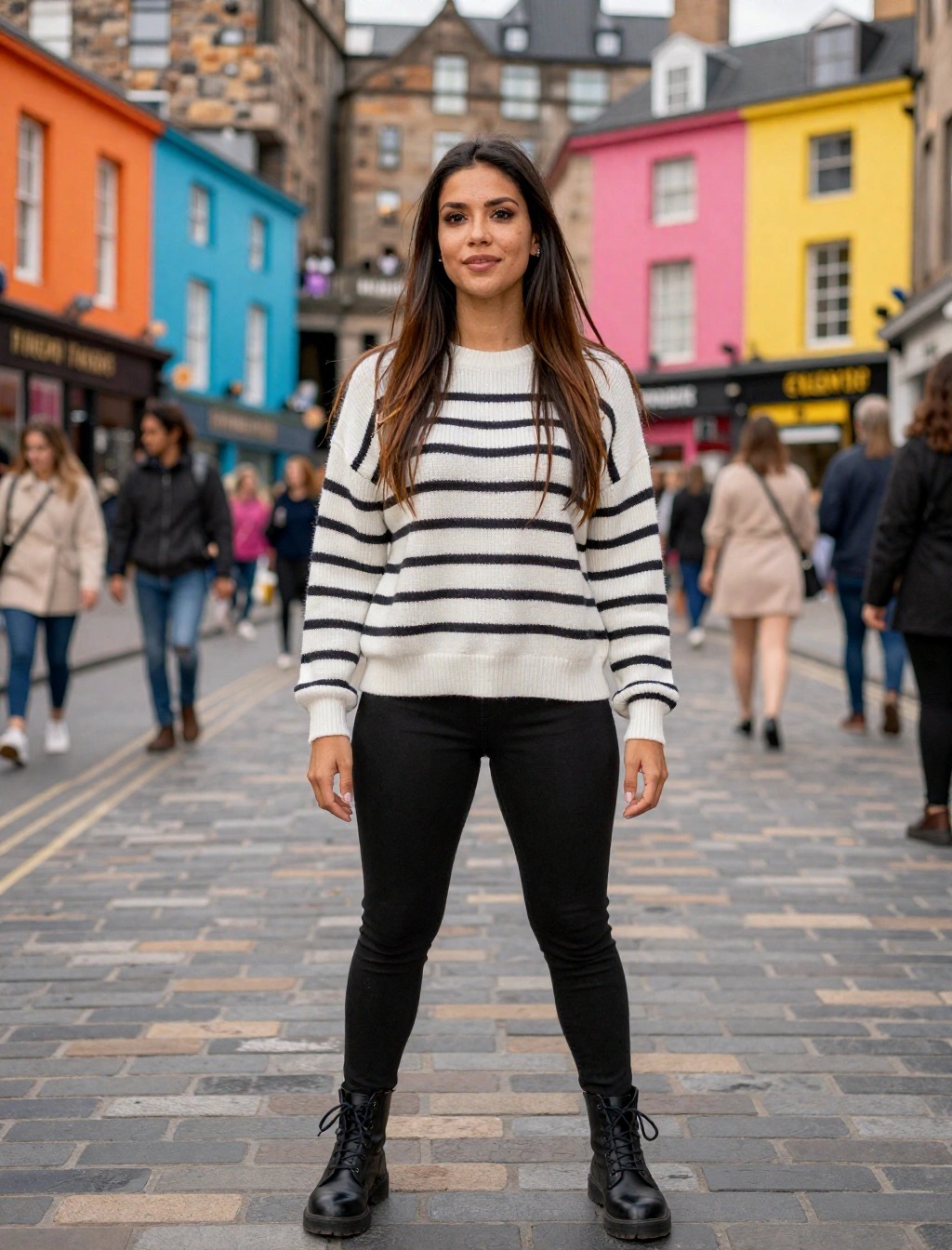 Donna con maglione a righe bianco e nero, jeans skinny e anfibi a Victoria Street, esempio di outfit primaverile a Edimburgo