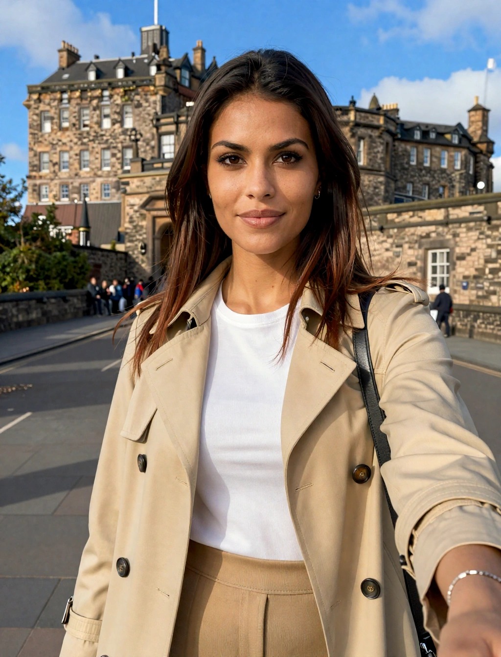 Turista con trench leggero beige e t-shirt bianca per l'estate a Edimburgo, esempio perfetto di abbigliamento a strati