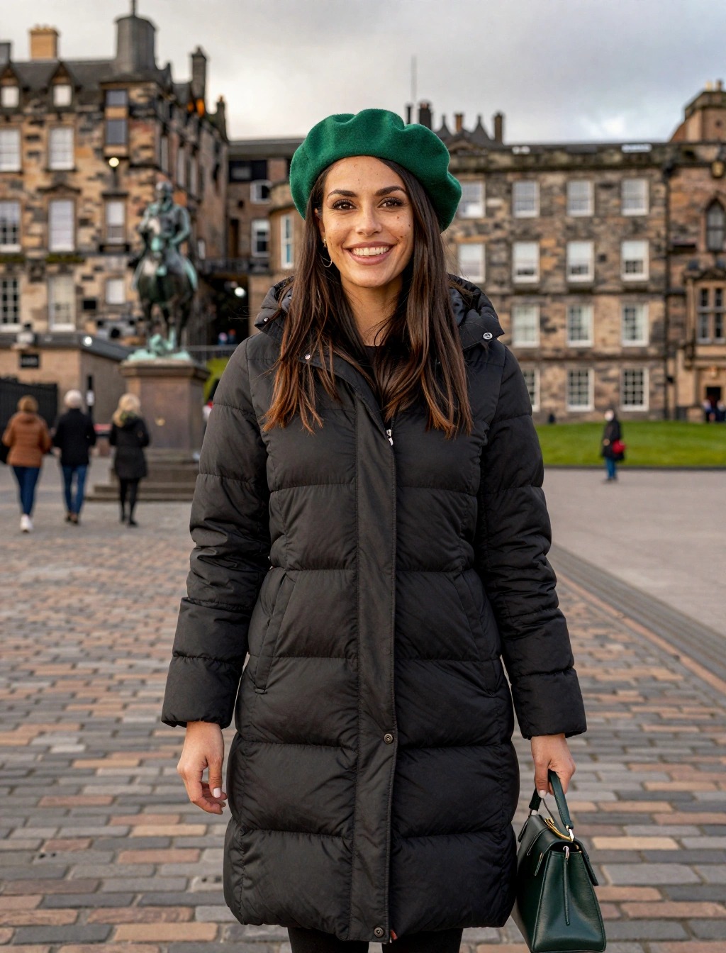 Donna con piumino lungo nero, basco verde e borsa a mano sulla Royal Mile, outfit invernale caldo per Edimburgo