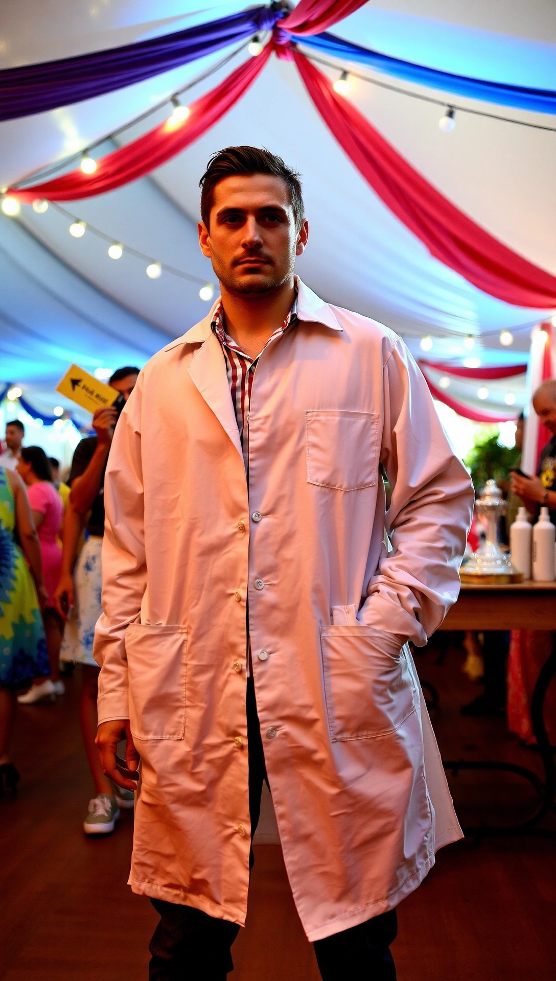 Uomo indossa una camicia bianca larga come camice da scienziato pazzo fai da te, in un ambiente festoso.