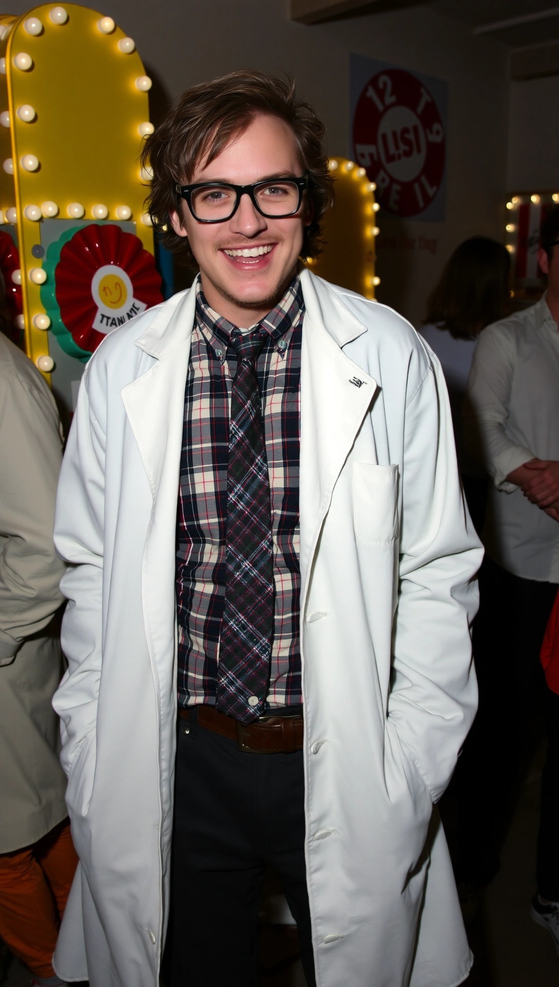 Uomo sorridente indossa un costume da scienziato pazzo in stile classico, con camice bianco, camicia a quadri e occhiali.

