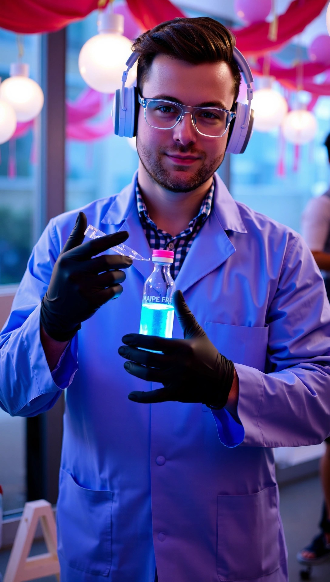 Uomo con camice blu e guanti neri per un costume da scienziato pazzo moderno, mentre maneggia una pozione luminosa.