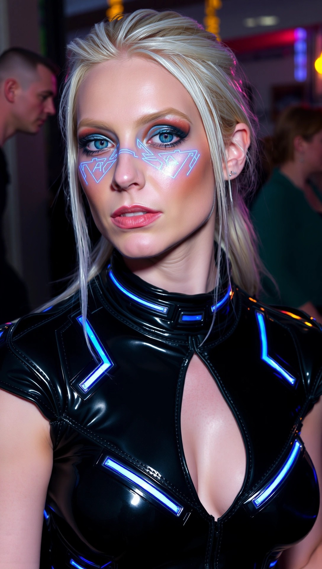 Primo piano di una donna con un travestimento tech-horror per Halloween, indossa un costume nero futuristico e un trucco con luci LED blu sul viso che simulano un avatar digitale.