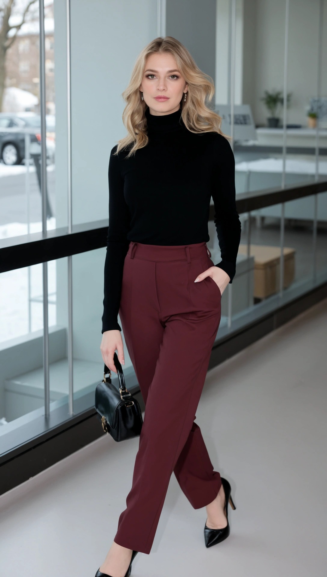Come Vestirsi a Gennaio Donna: Guida Look Caldi e Chic 2025 6 Donna con dolcevita nero e pantaloni bordeaux, outfit elegante perfetto per gennaio.