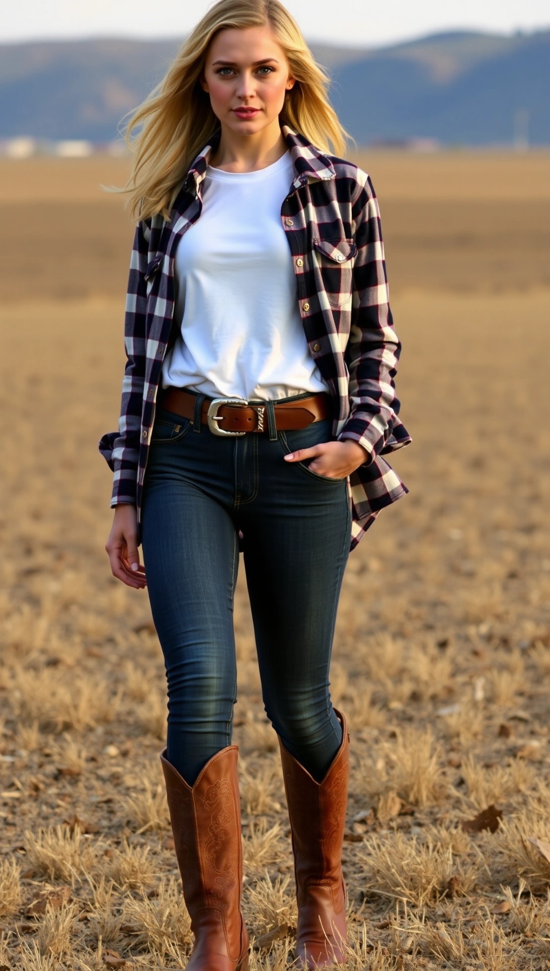 Donna con outfit country classico: camicia a quadri, t-shirt bianca, jeans skinny scuri e stivali texani in pelle, ideale per un look country casual.