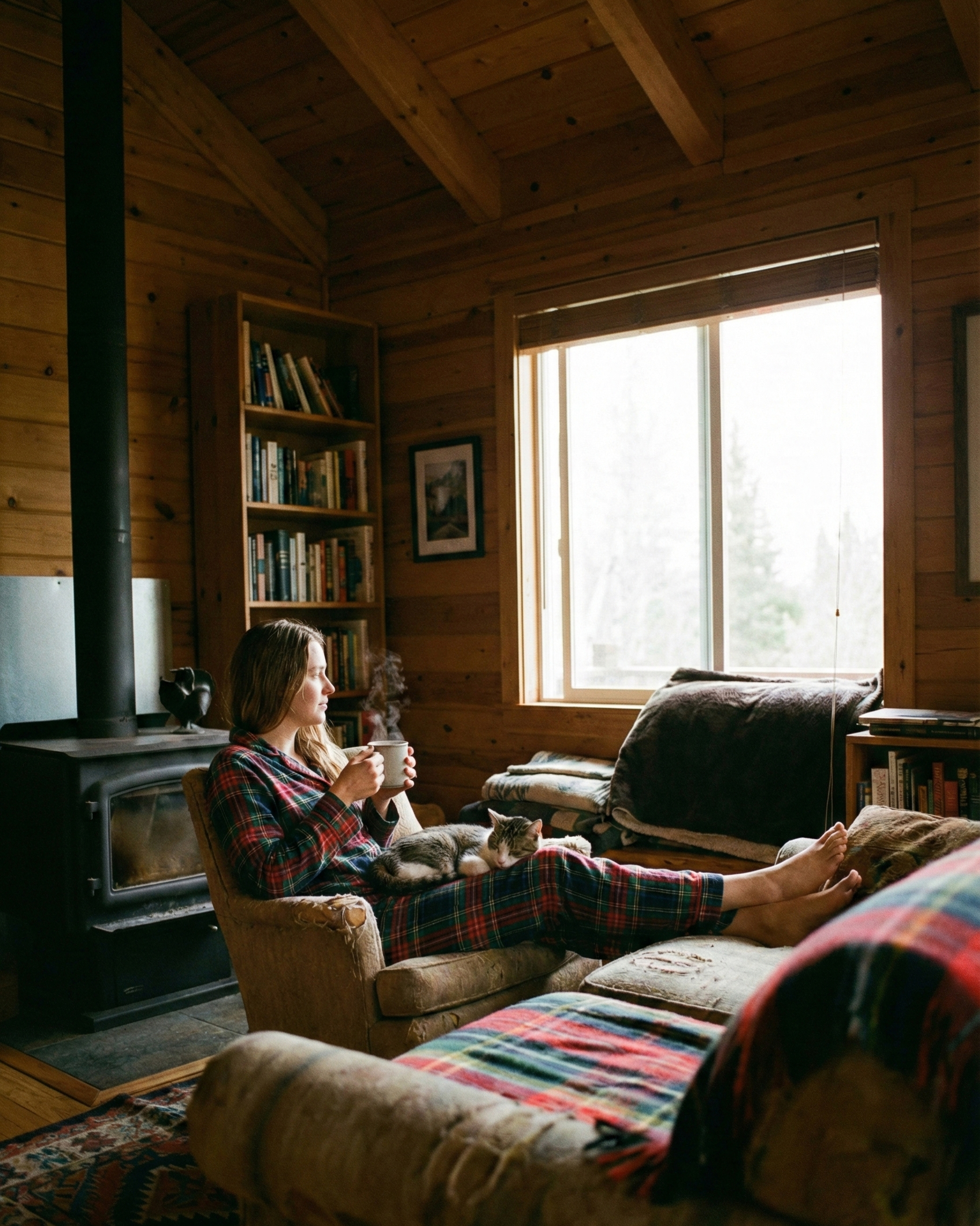 Donna che indossa un pigiama di flanella a quadri scozzesi seduta in una baita di legno, con un gatto sulle gambe e una tazza fumante davanti a una stufa a legna