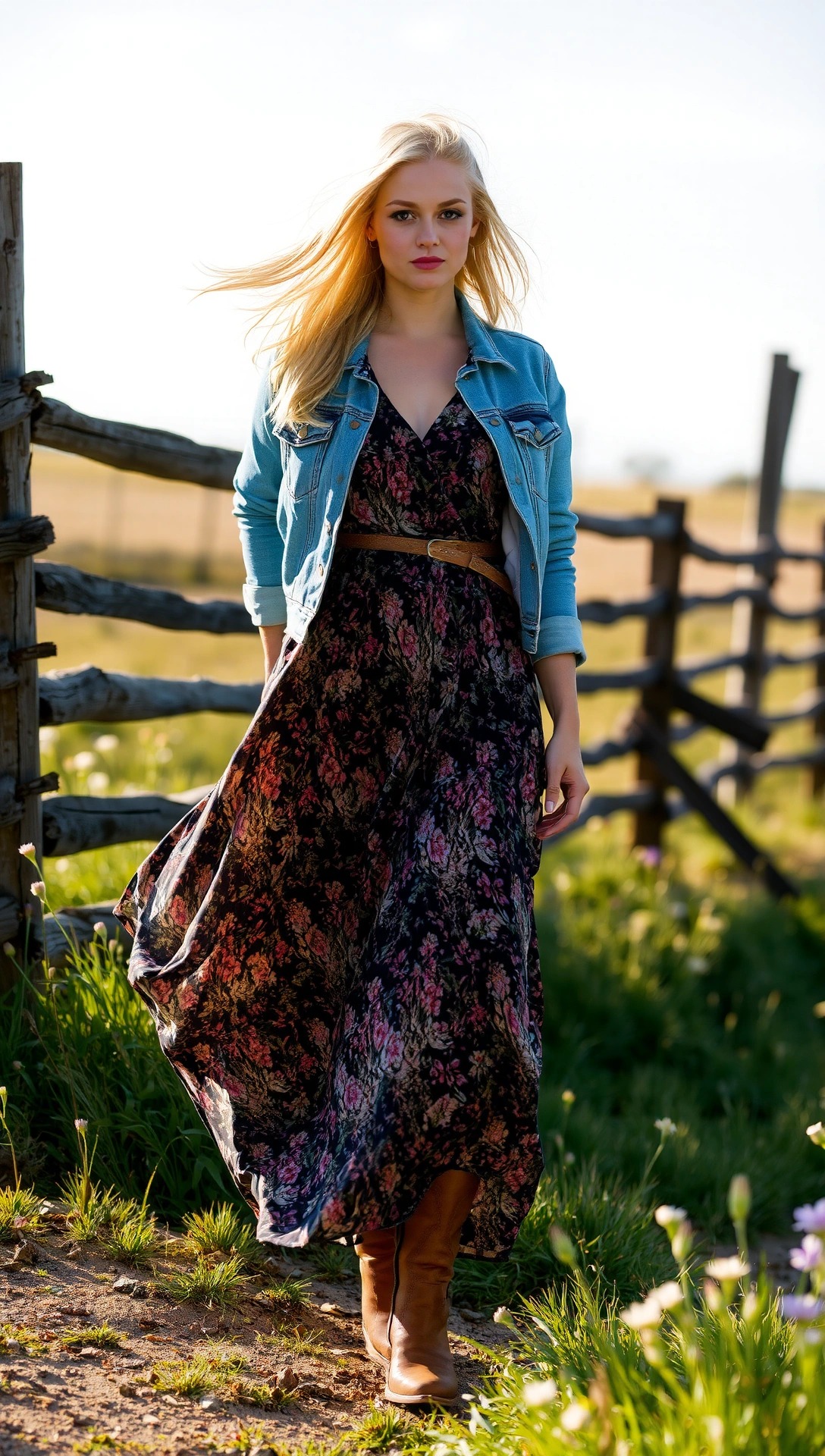 Donna bionda con abito lungo floreale, giacca di jeans e stivali country chic in un campo, perfetta per un look estivo country elegante.

