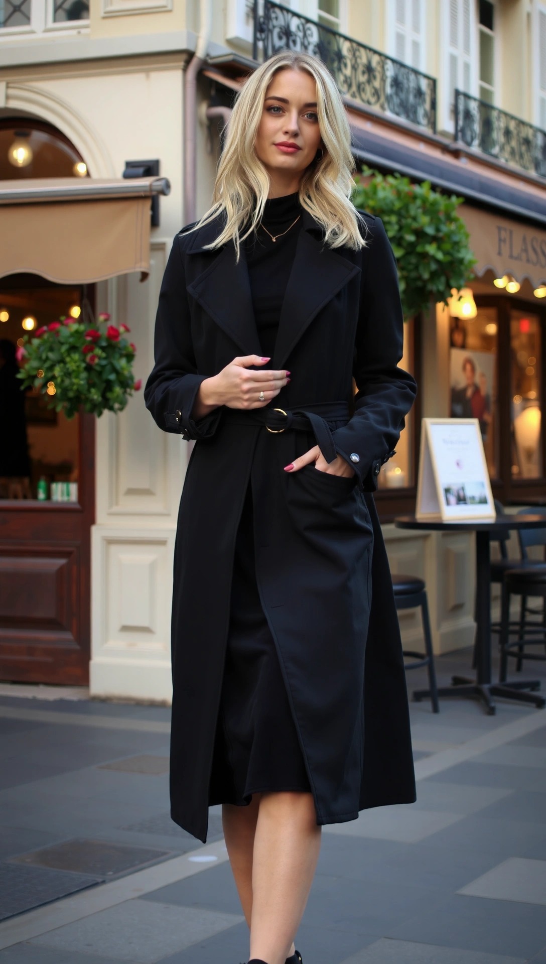 Donna indossa un trench nero su un vestito per un elegante look da sera total black, davanti a un tipico bistrot parigino.