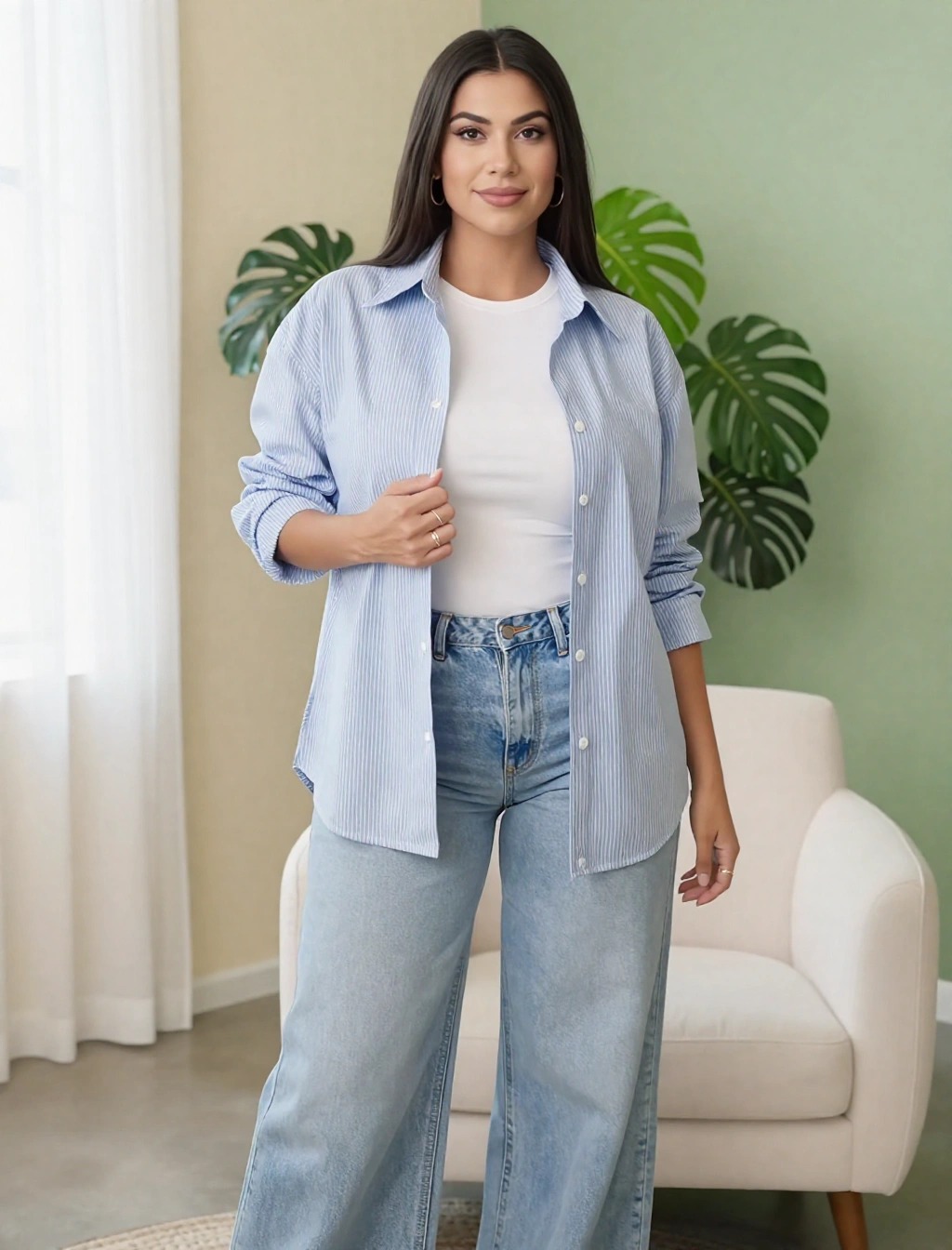 Come vestirsi con 15 gradi donna: Guida Look mezza stagione 1 outfit donna casual per 15 gradi con camicia leggera a righe e jeans larghi