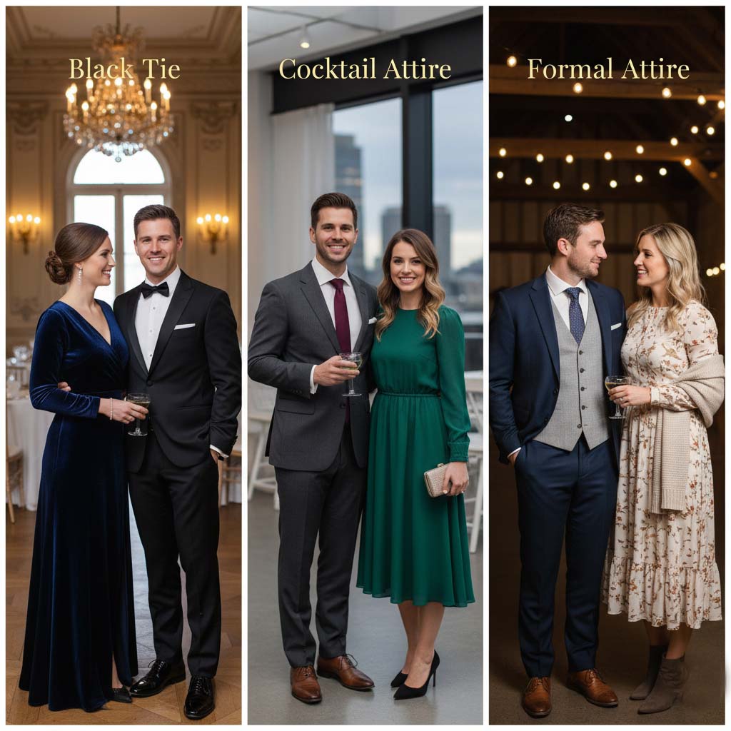 Guida visiva ai dress code da matrimonio per invitati. L'immagine mostra tre coppie che esemplificano lo stile Black Tie con smoking e abito lungo, l'Abito da Cocktail con completo e vestito midi, e l'Abbigliamento Formale con completo con gilet e abito a fantasia.