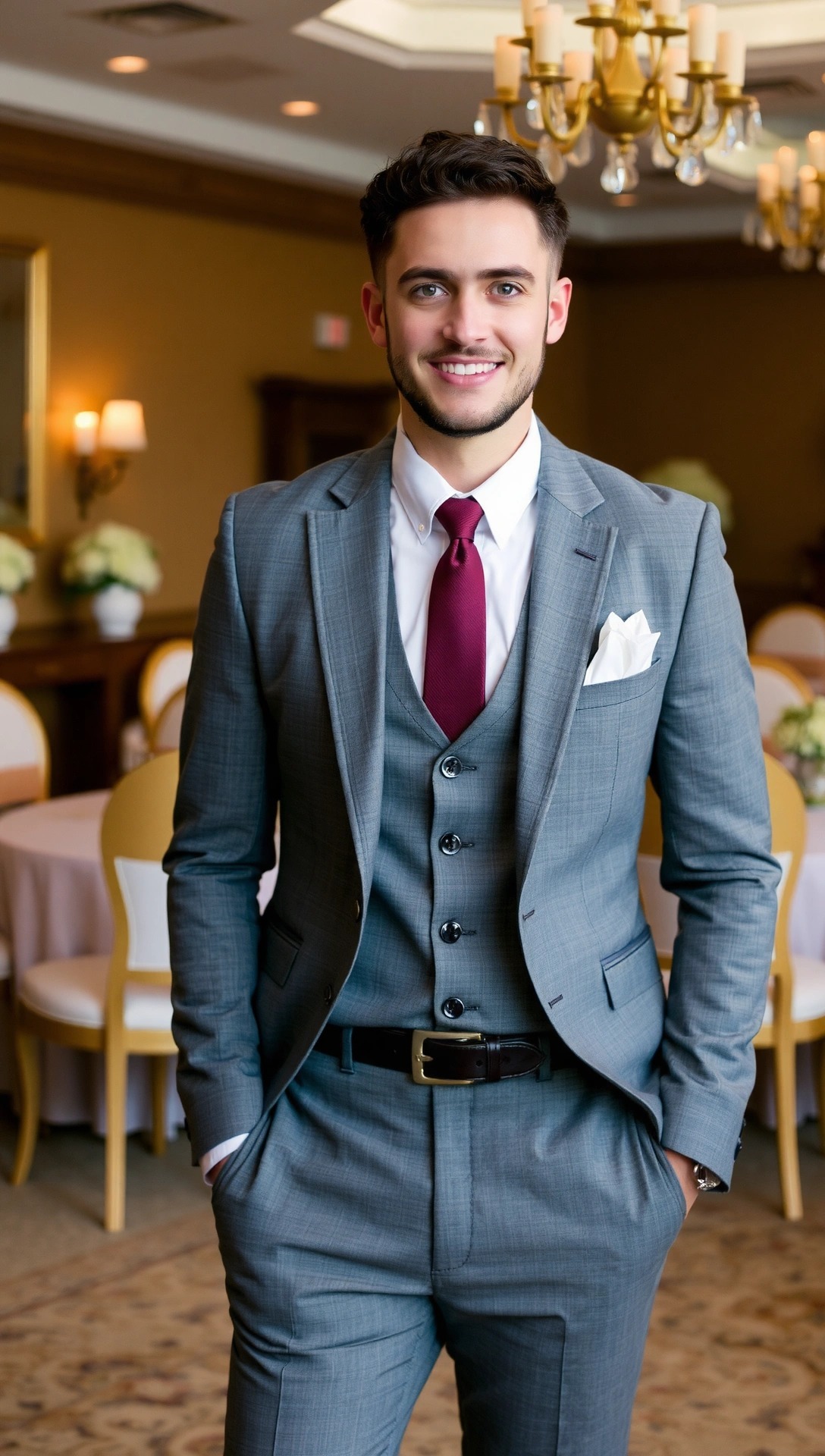 Invitato a un matrimonio a novembre con un abito da cerimonia a tre pezzi grigio, gilet e cravatta bordeaux.