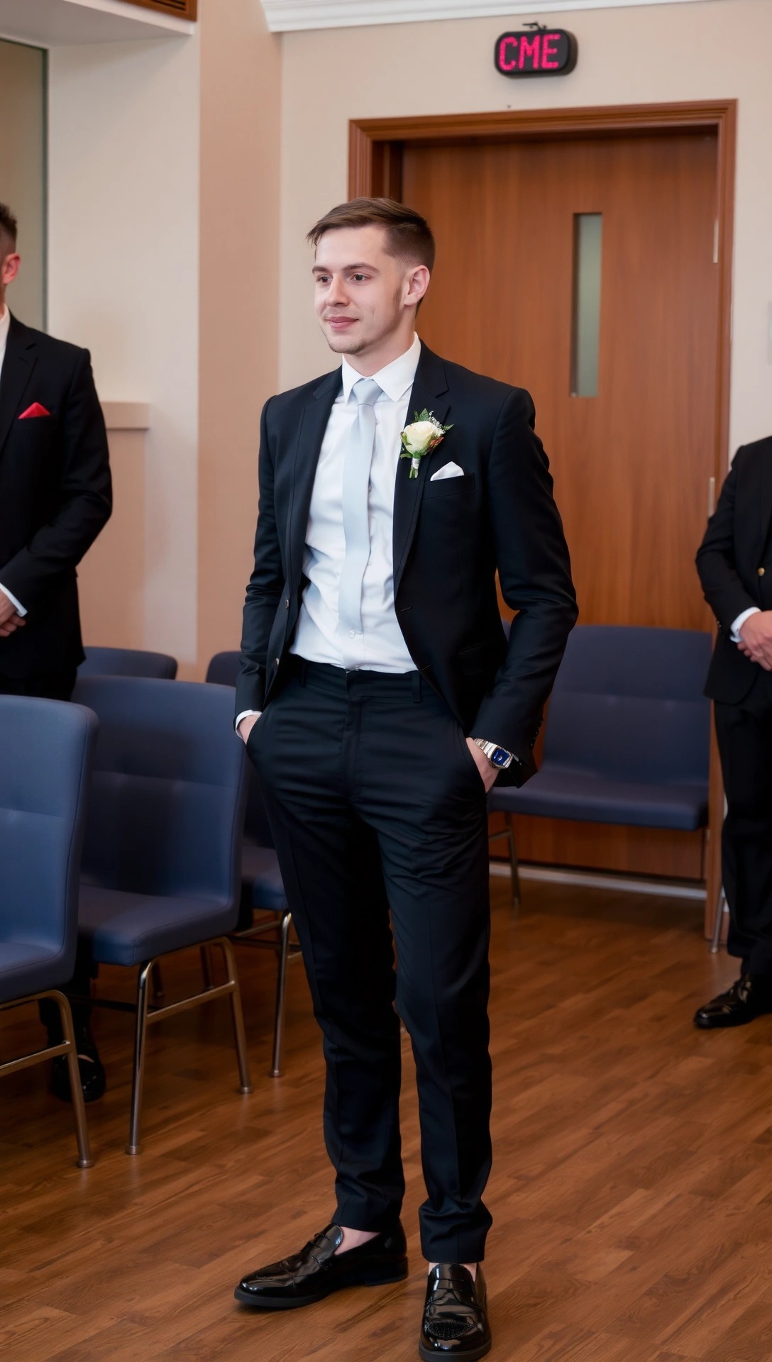Outfit da invitato per il ricevimento di un matrimonio: un giovane uomo in completo scuro e cravatta chiara, un look perfetto per la festa al chiuso.

