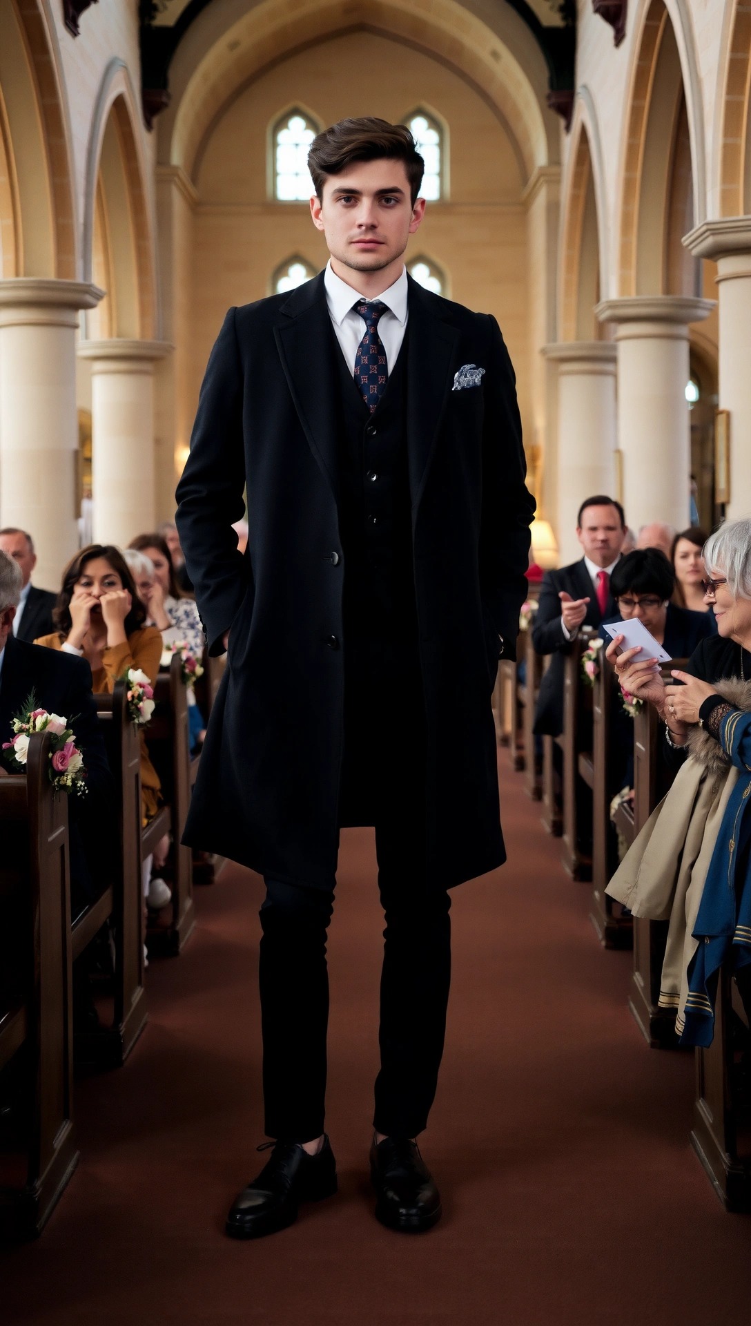 nvitato a un matrimonio d'autunno indossa un elegante cappotto scuro sopra un abito a tre pezzi durante la cerimonia in chiesa, un look a strati ideale per il freddo.