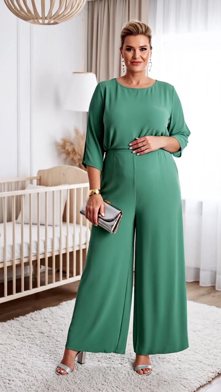 Tuta intera verde salvia elegante con pantaloni a palazzo e maniche a tre quarti, un look moderno per la mamma al battesimo.
