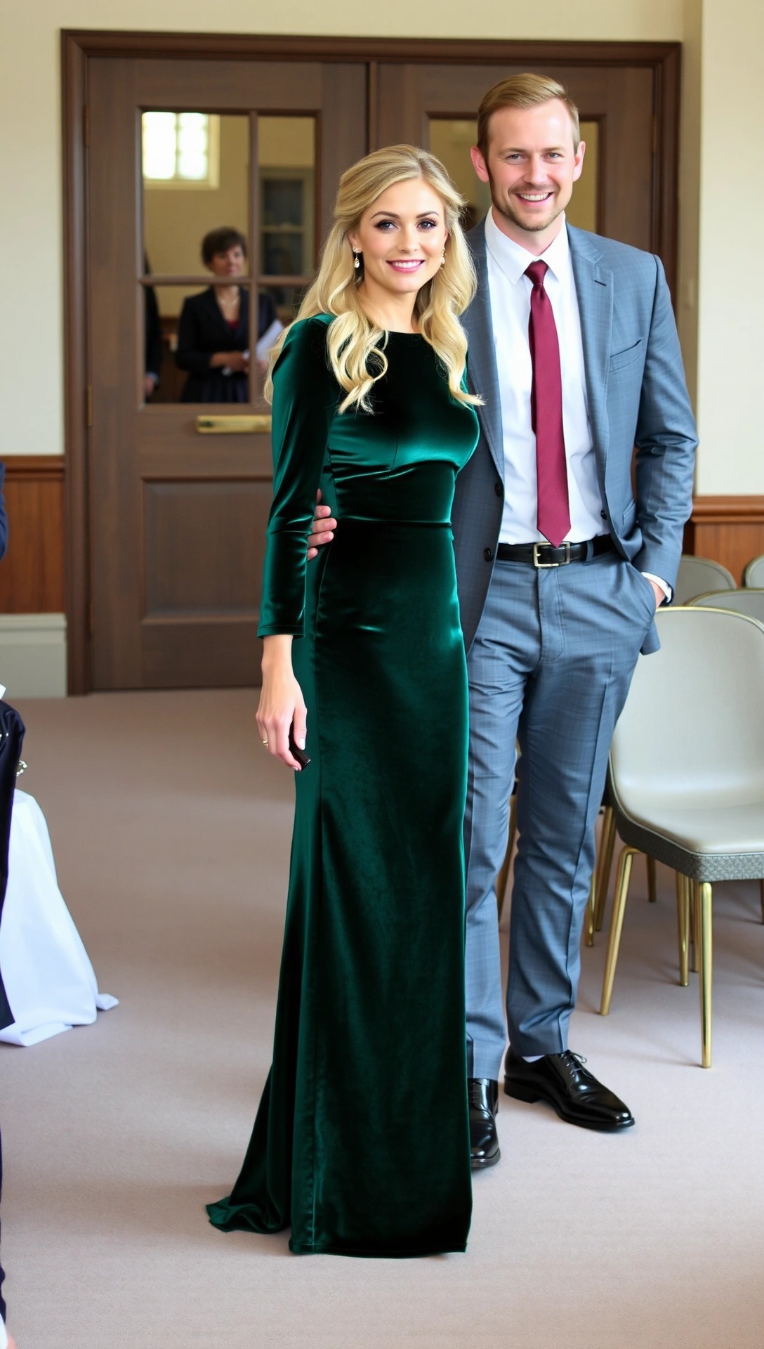 Coppia di invitati a un matrimonio invernale. La donna indossa un elegante abito lungo in velluto verde e l'uomo un completo grigio.