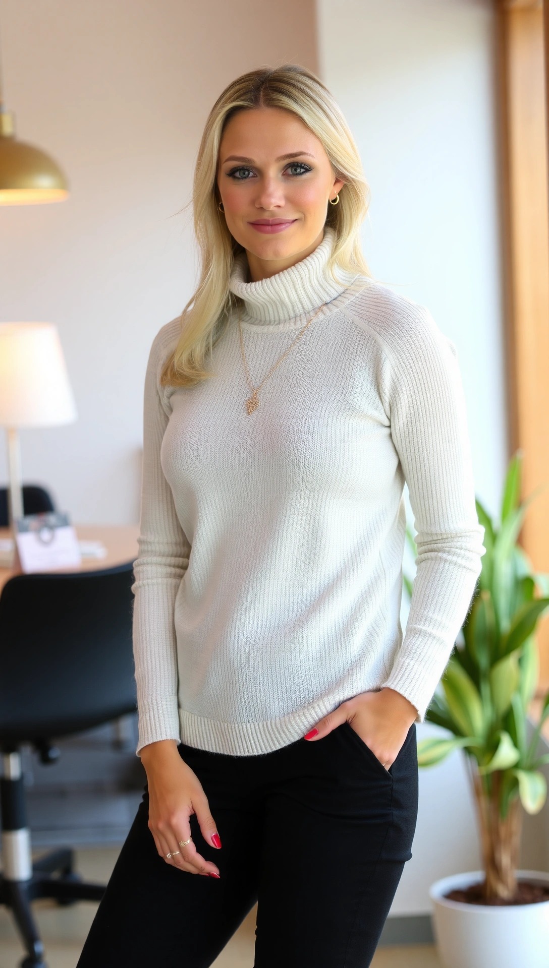 Come Vestirsi a Gennaio Donna: Guida Look Caldi e Chic 2025 1 Look da ufficio per gennaio: donna che indossa un maglione dolcevita color crema e pantaloni neri eleganti.