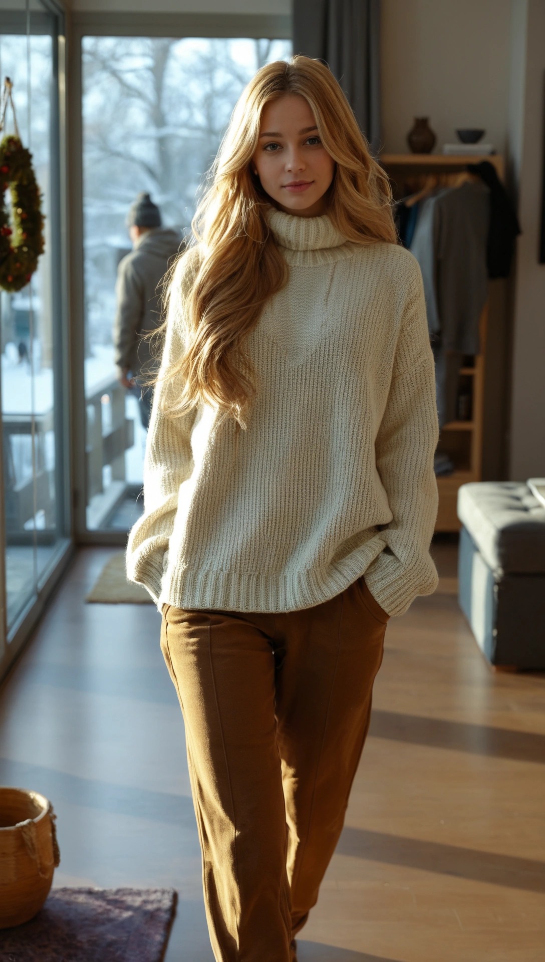 Come Vestirsi a Gennaio Donna: Guida Look Caldi e Chic 2025 8 Donna con maglione oversize beige e pantaloni marroni, look casual e caldo per il weekend invernale.