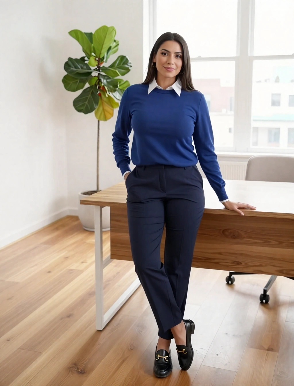 Come vestirsi con 15 gradi donna: Guida Look mezza stagione 21 outfit donna elegante per 15 gradi con maglione blu e pantaloni da ufficio