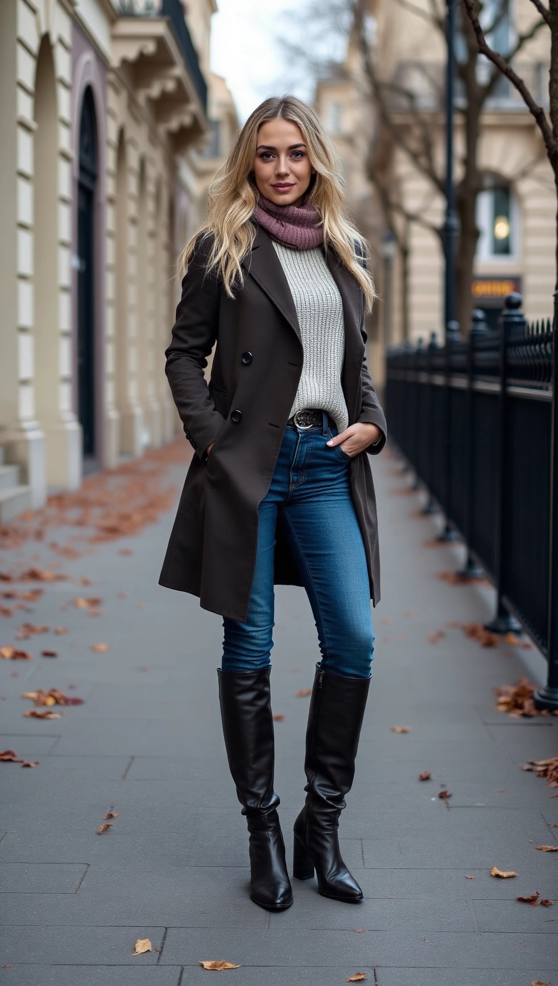 Outfit da donna per l'autunno a Parigi: cappotto, maglione a collo alto, jeans e stivali alti, l'ideale per vestirsi a strati e affrontare il clima di ottobre.