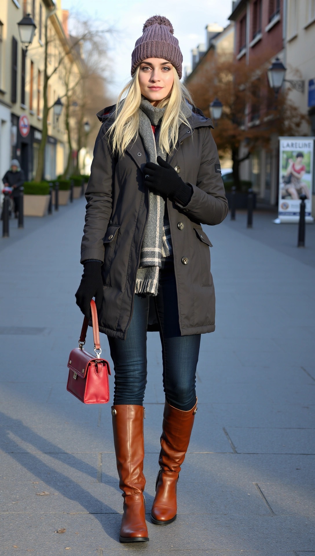 Look da donna per l'inverno a Bruxelles: ragazza con cappotto caldo, jeans, stivali alti, sciarpa e cappello di lana per proteggersi dal freddo.