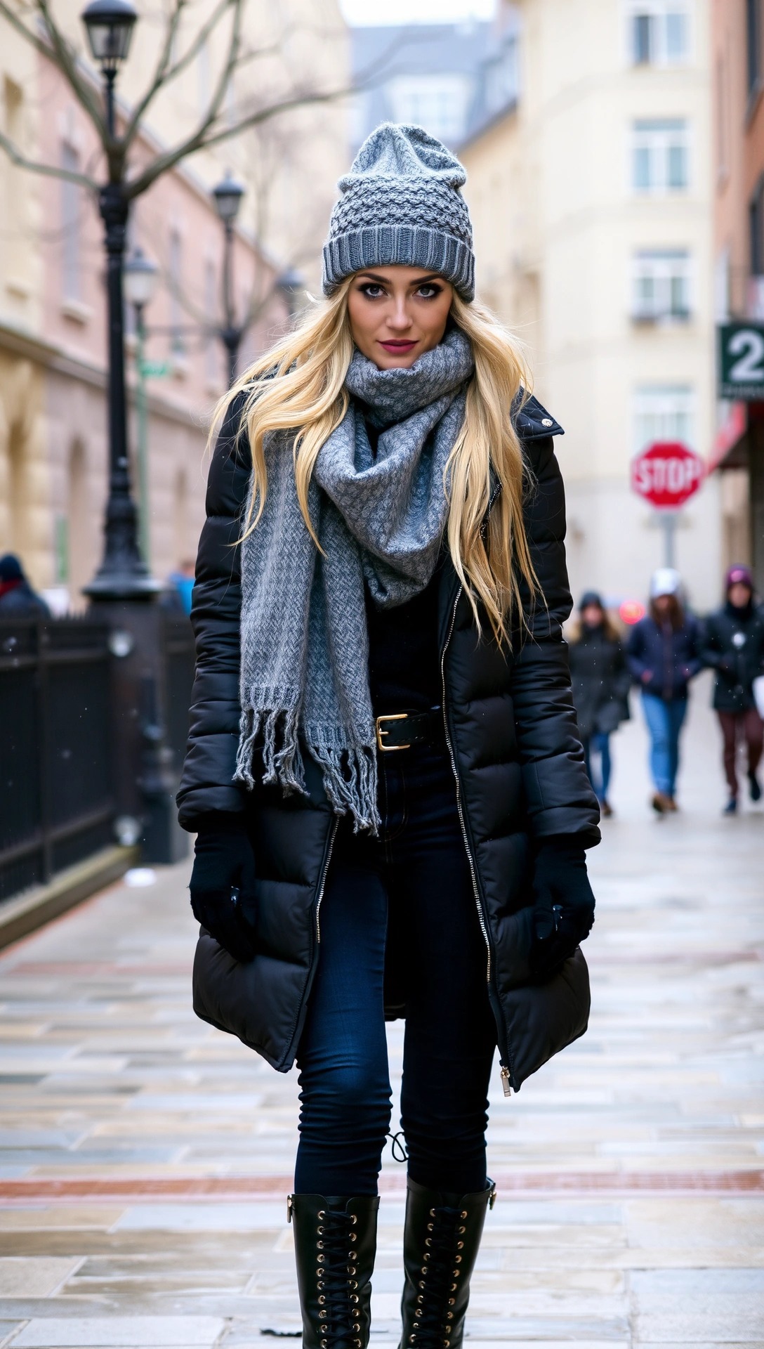 Come Vestirsi a Gennaio Donna: Guida Look Caldi e Chic 2025 2 Outfit invernale da donna per gennaio con piumino nero lungo, sciarpa e cappello di lana grigi e anfibi neri.