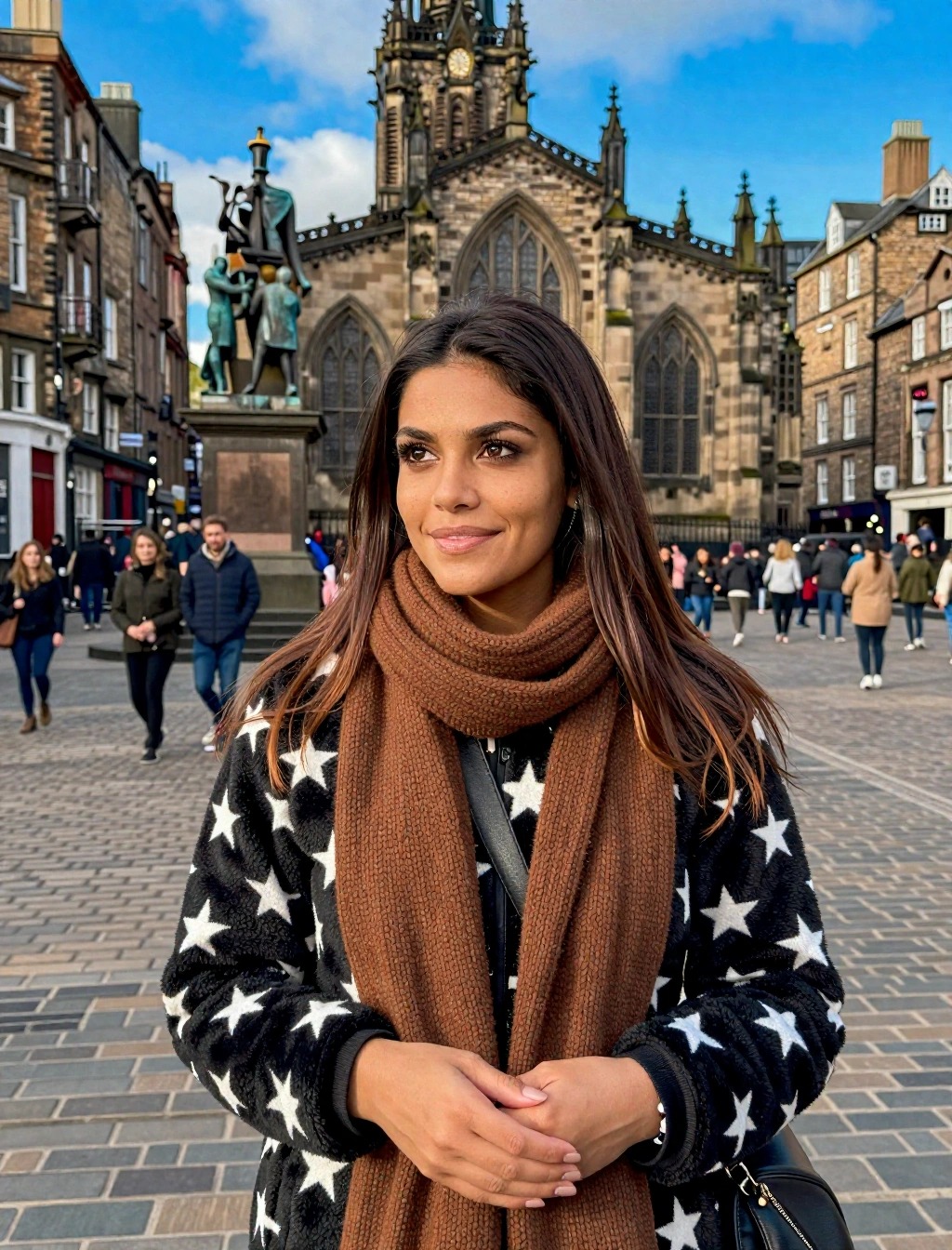 Ragazza con sciarpa di lana marrone e giacca pile con stelle davanti a St Giles, look caldo per autunno inverno a Edimburgo
