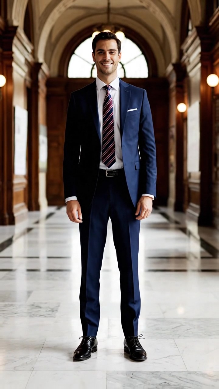 Vestito laurea uomo classico con abito blu navy, camicia bianca e cravatta regimental per un look formale e autoritario.