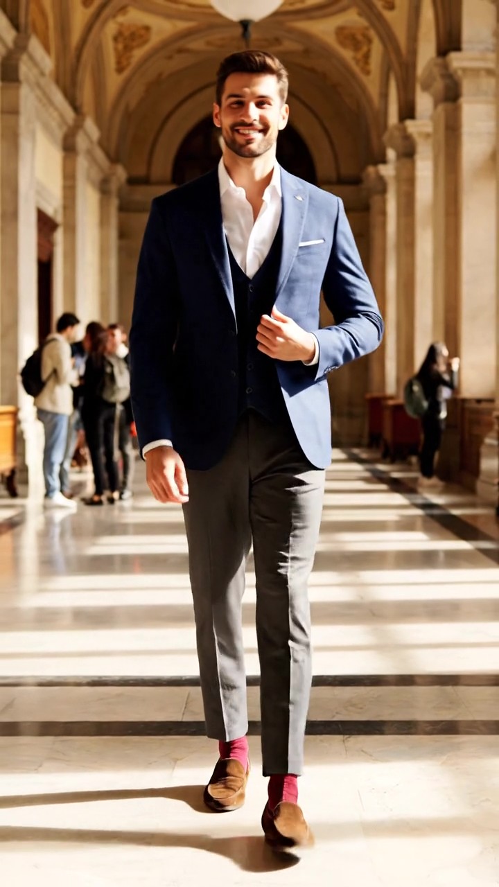 Completo spezzato con gilet e pantaloni grigi abbinati a blazer blu navy e mocassini scamosciati per il giorno della laurea.