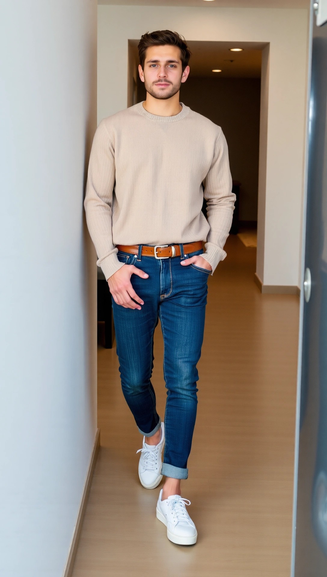 uomo con maglione beige, jeans slim blu e sneakers bianche in un look casual moderno