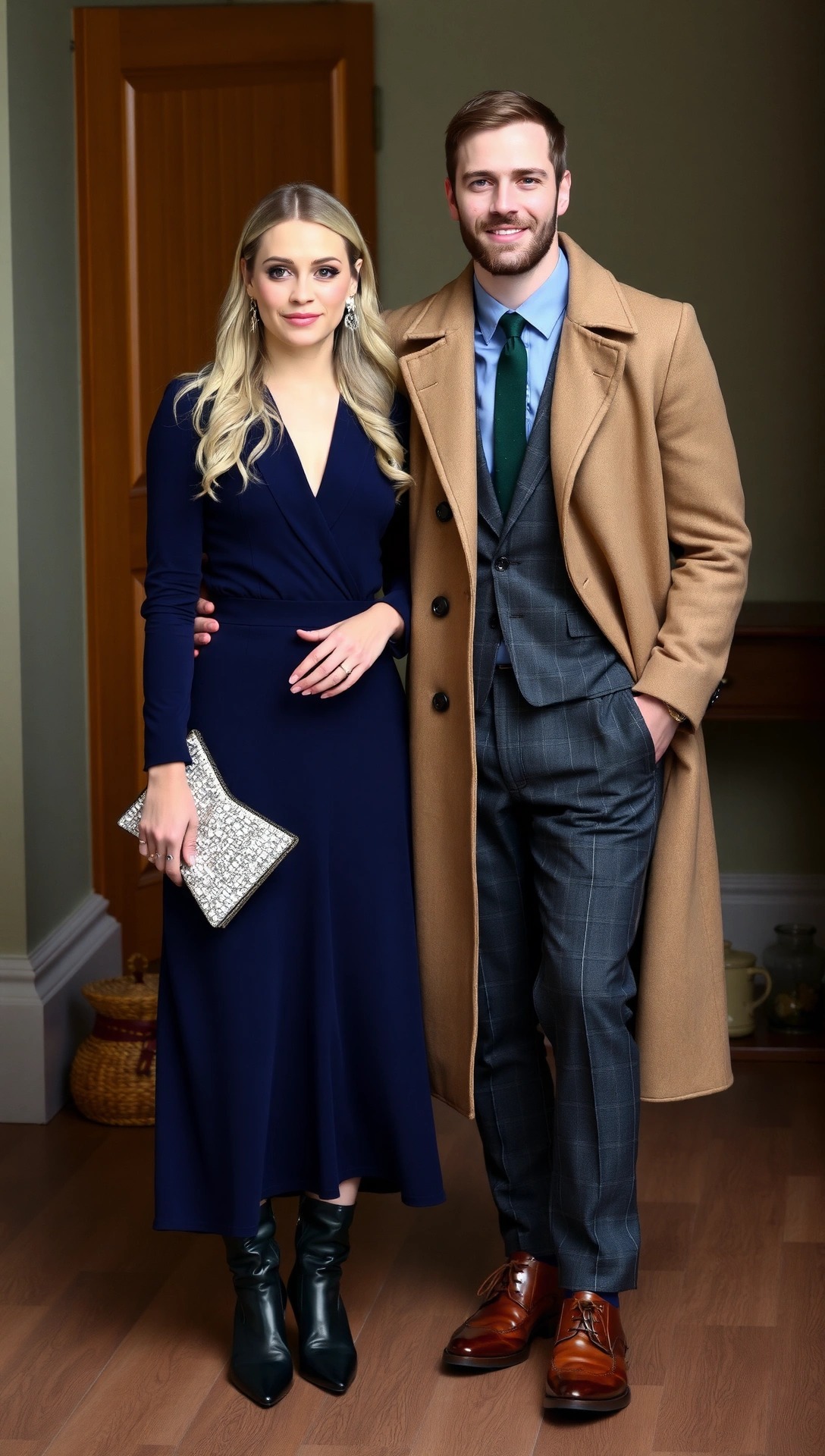 Coppia di invitati a un matrimonio a dicembre. La donna indossa un abito midi blu e l'uomo un completo grigio con cappotto color cammello.