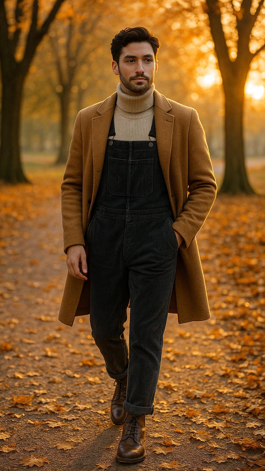 Uomo con salopette nera, dolcevita beige e cappotto cammello, look autunnale elegante con sfondo di foglie dorate.