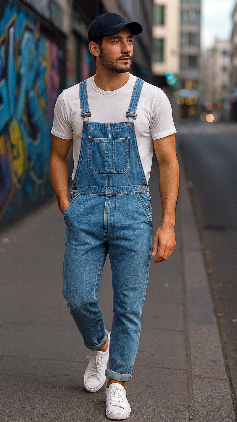 Uomo con salopette di jeans chiara, t-shirt bianca e cappellino nero, look street style casual in città.